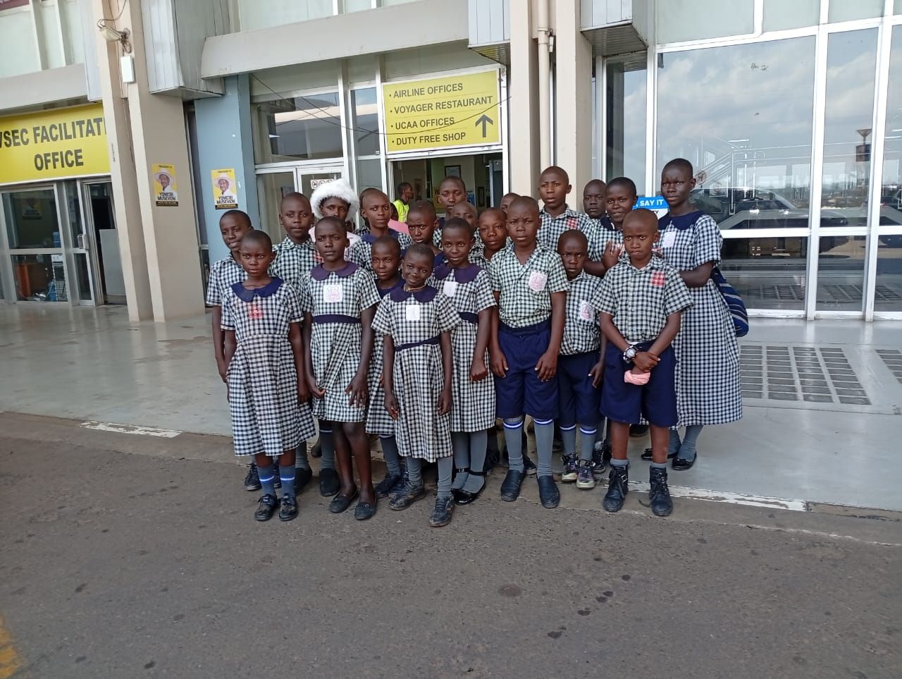 Pupils on an educational excursion at Entebbe International Airport