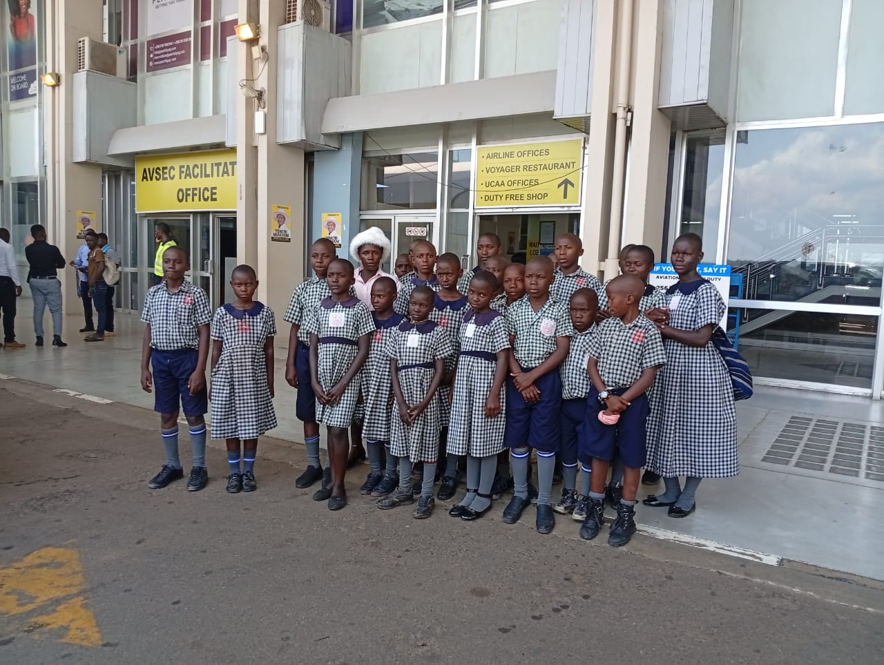 Pupils on an educational excursion at Entebbe International Airport