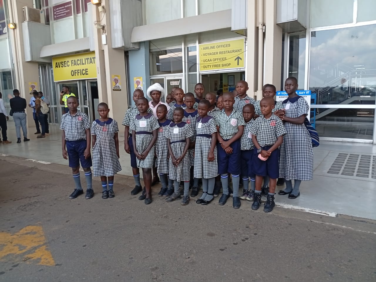 Pupils on an educational excursion at Entebbe International Airport