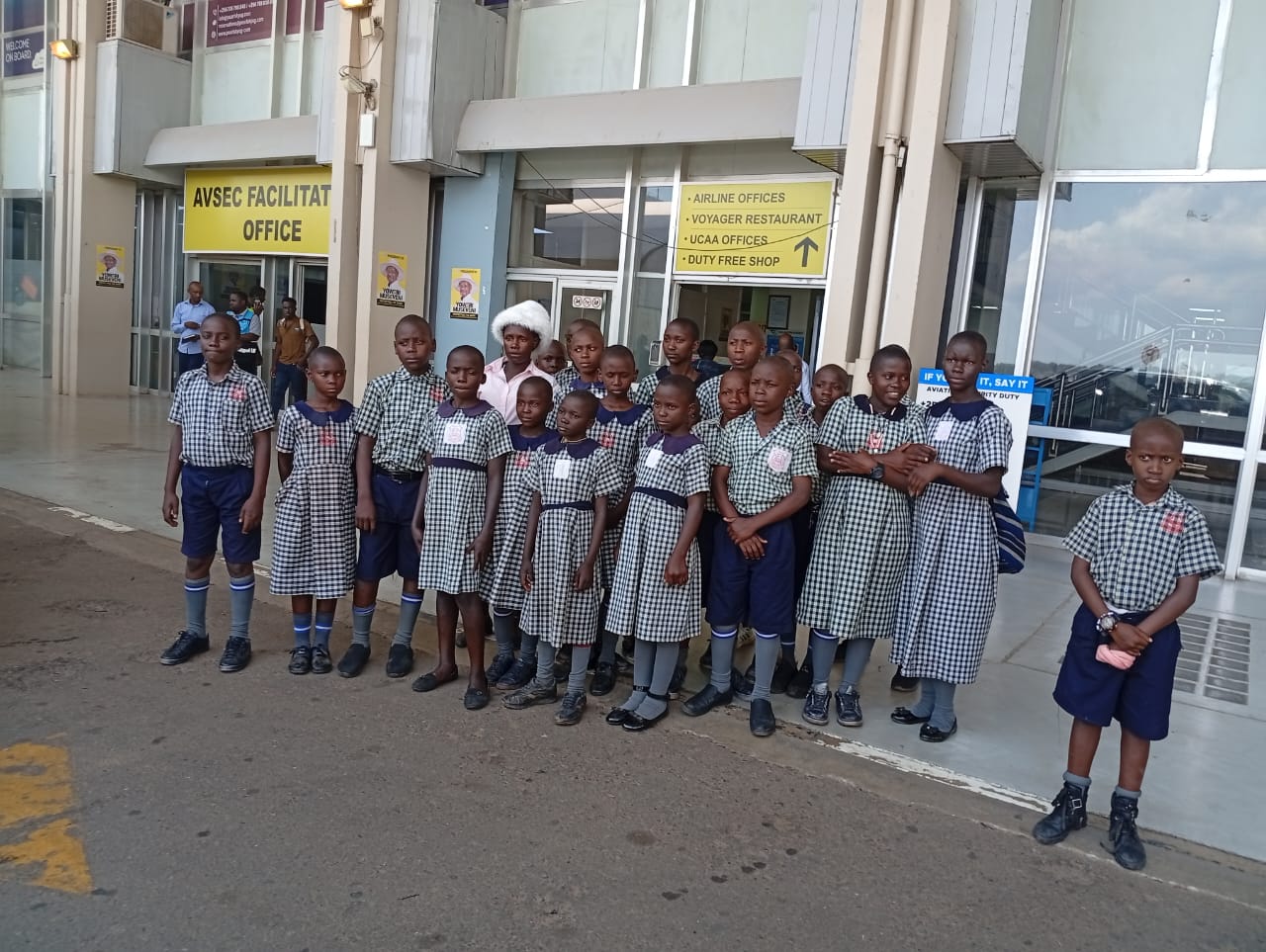 Pupils on an educational excursion at Entebbe International Airport