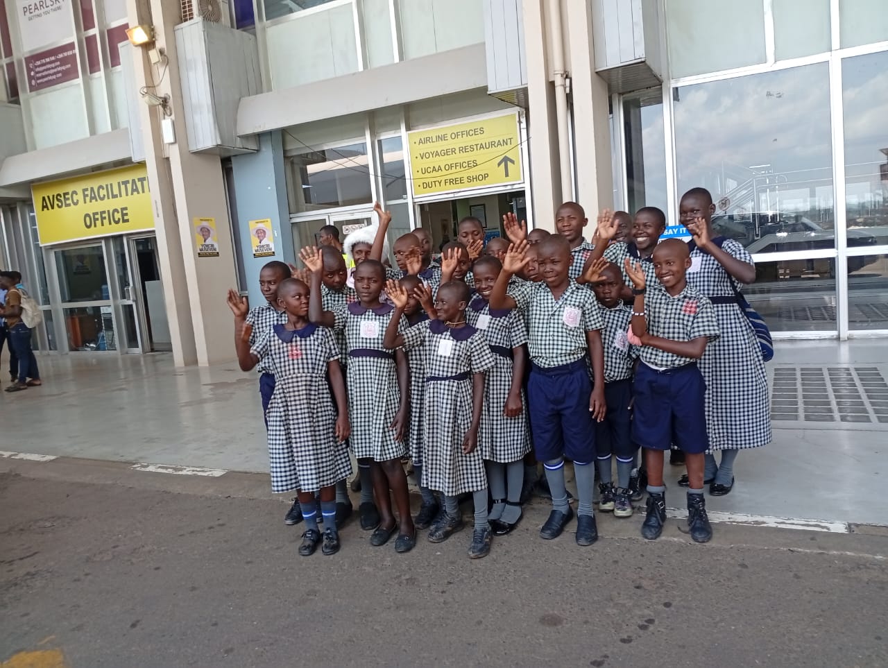 Pupils on an educational excursion at Entebbe International Airport