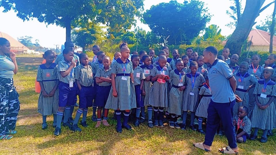 Pupils gathered together on the school field